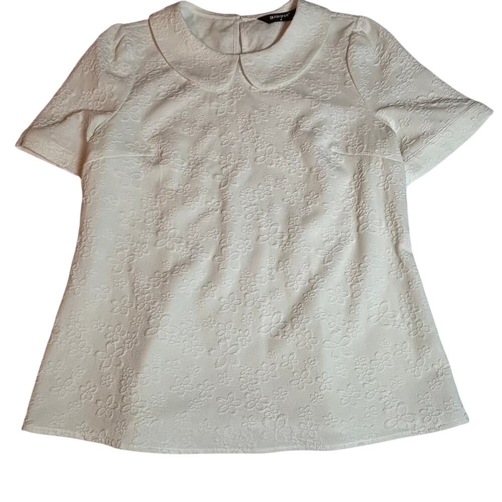 Allegra K White Floral Textured Peter Pan Collar Blouse Top Womens M Retro